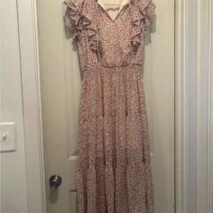 Chic Ruffle Floral Midi Dress in Pink